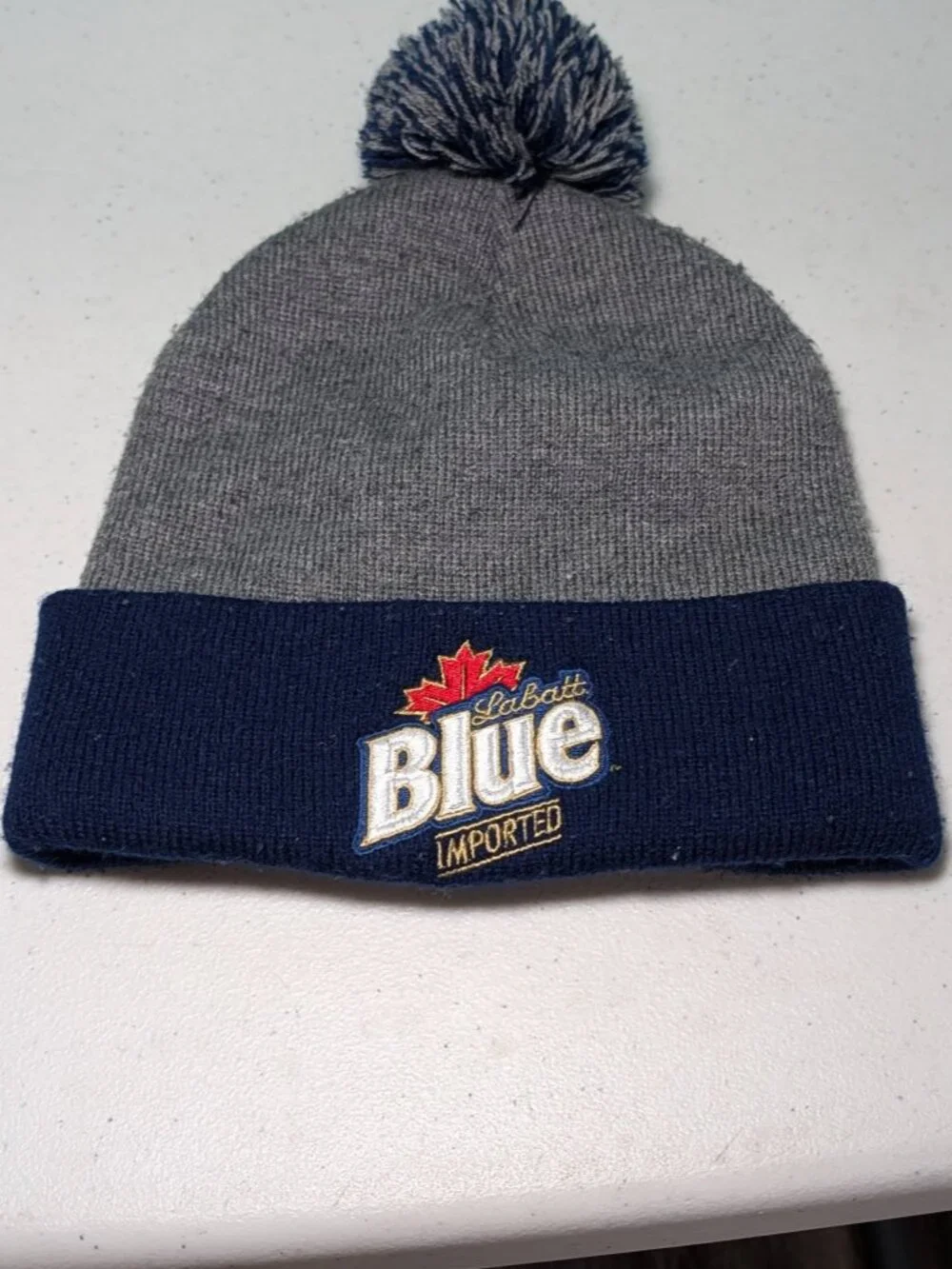 Labatt Blue Imported Beer Pom Pom Beanie Stocking Cap Blue & Gray